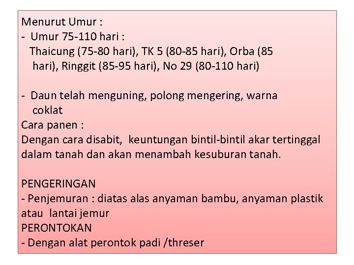 Menurut Umur : - Umur 75 -110 hari : Thaicung (75 -80 hari), TK