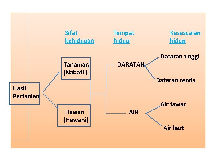  Sifat Tempat Kesesuaian kehidupan hidup Dataran tinggi Tanaman DARATAN (Nabati ) Dataran renda