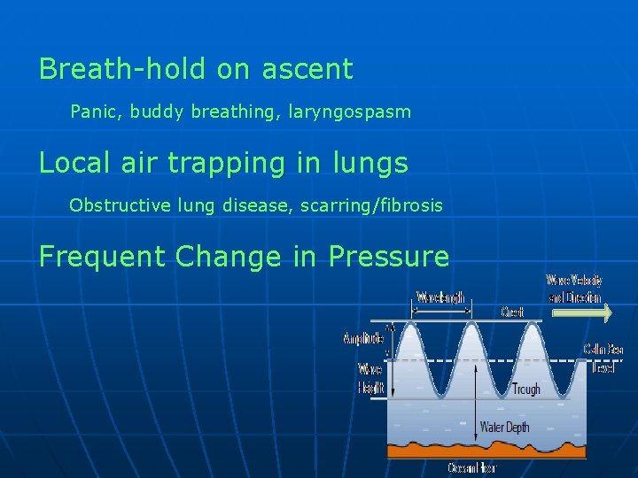 Breath-hold on ascent Panic, buddy breathing, laryngospasm Local air trapping in lungs Obstructive lung