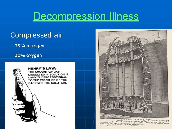 Decompression Illness Compressed air 79% nitrogen 20% oxygen 