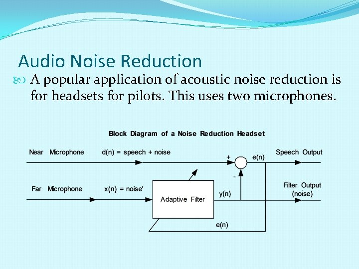 Audio Noise Reduction A popular application of acoustic noise reduction is for headsets for