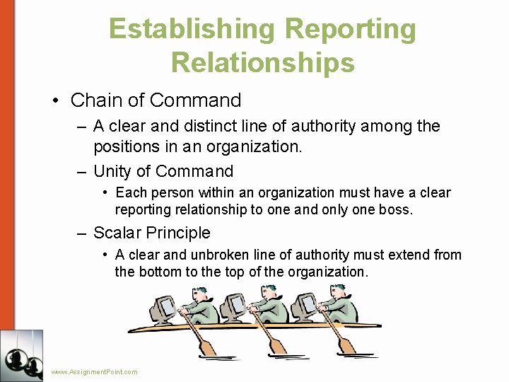 Establishing Reporting Relationships • Chain of Command – A clear and distinct line of