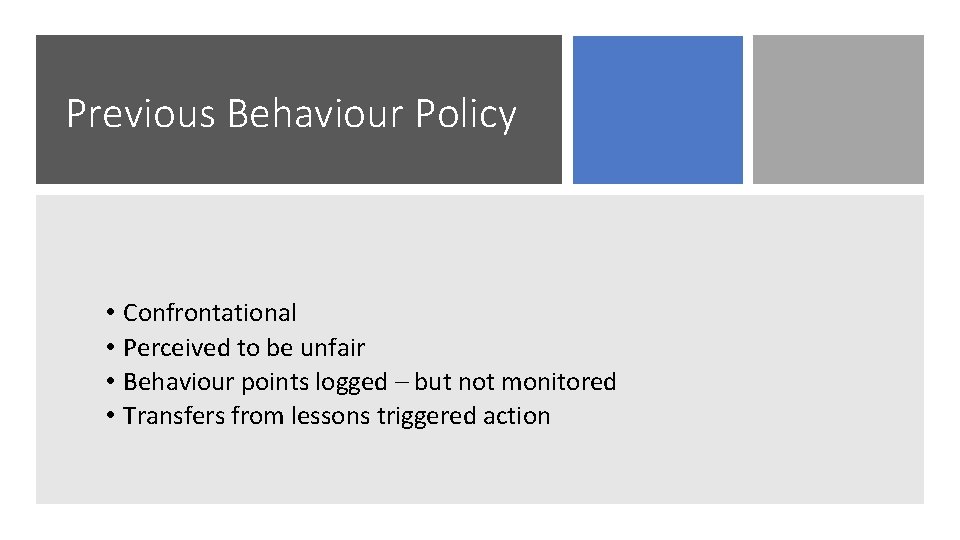 Previous Behaviour Policy • • Confrontational Perceived to be unfair Behaviour points logged –