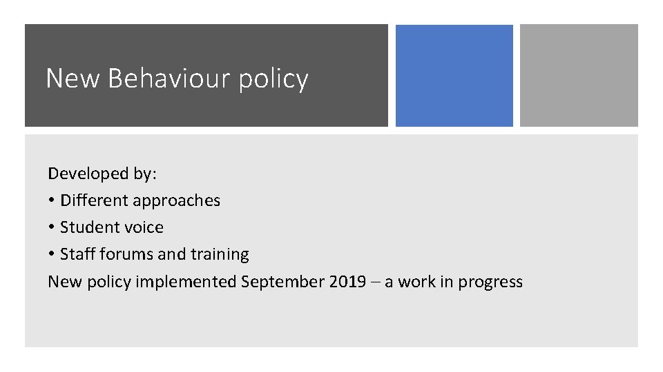 New Behaviour policy Developed by: • Different approaches • Student voice • Staff forums