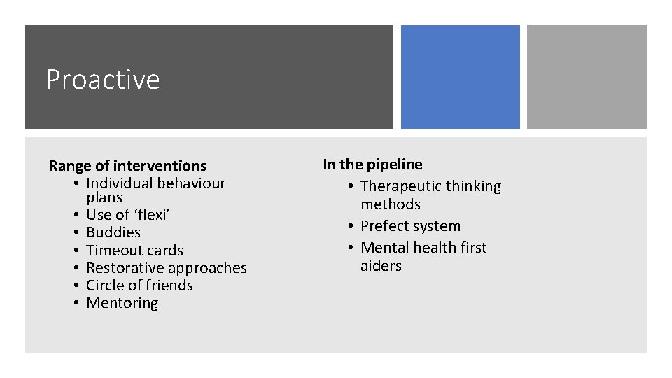 Proactive Range of interventions • Individual behaviour plans • Use of ‘flexi’ • Buddies