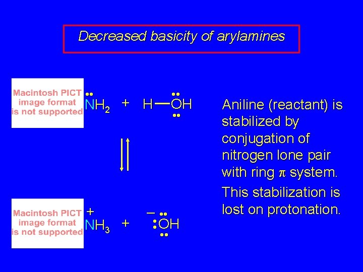 Decreased basicity of arylamines • • NH 2 + H + NH 3 +