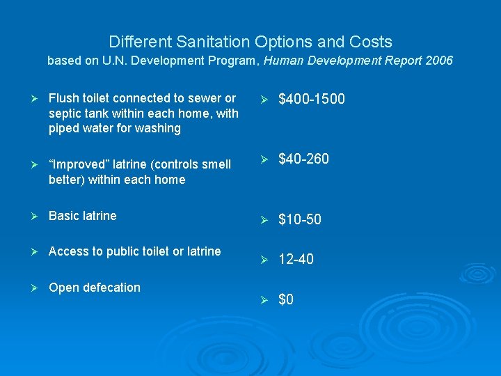Different Sanitation Options and Costs based on U. N. Development Program, Human Development Report