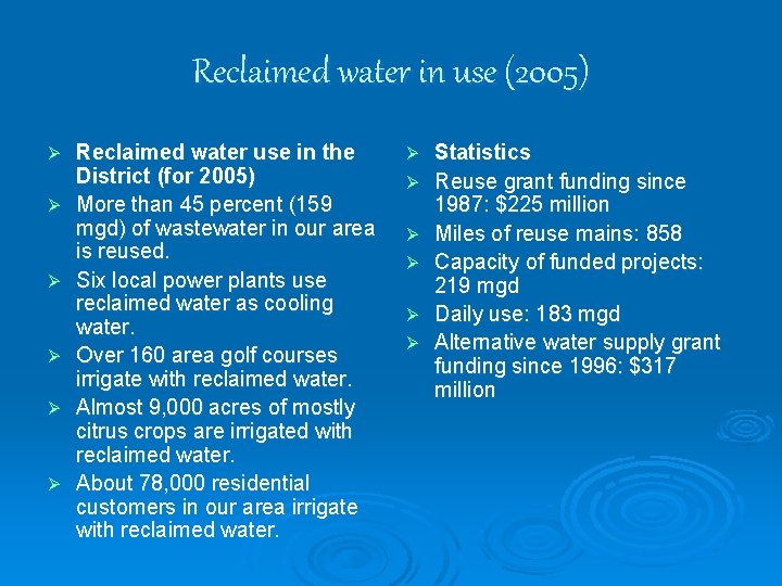Reclaimed water in use (2005) Ø Ø Ø Reclaimed water use in the District