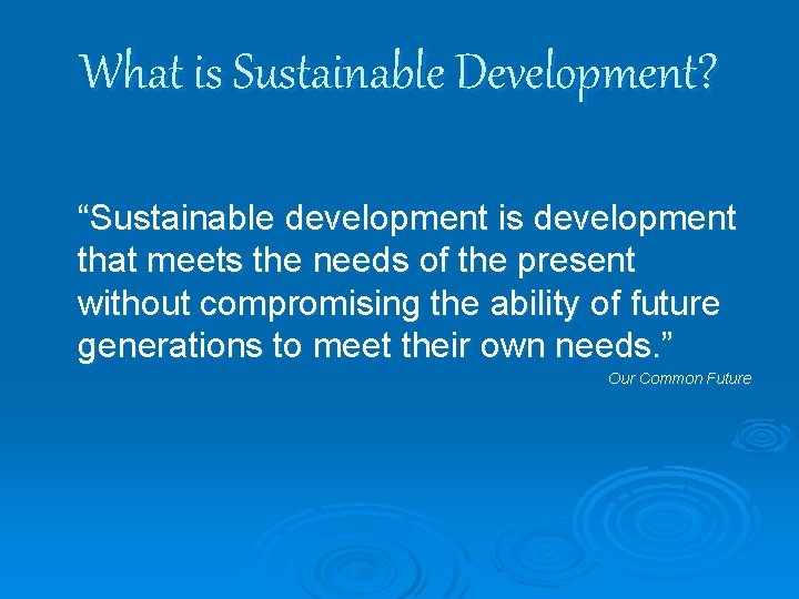 What is Sustainable Development? “Sustainable development is development that meets the needs of the