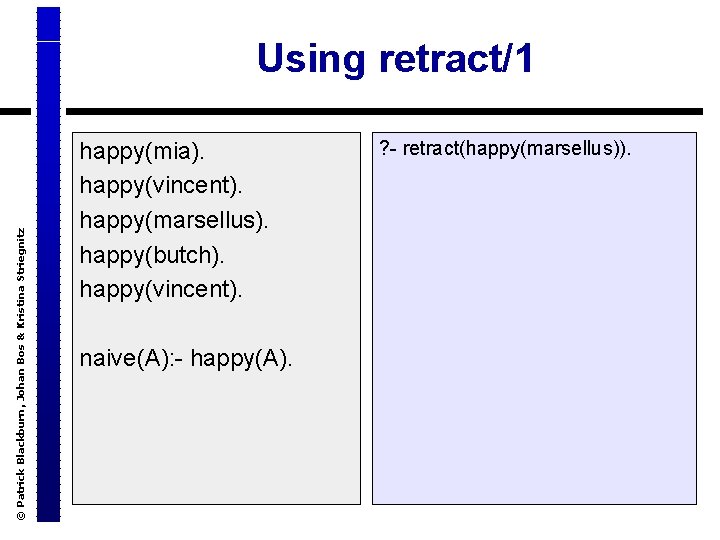 © Patrick Blackburn, Johan Bos & Kristina Striegnitz Using retract/1 happy(mia). happy(vincent). happy(marsellus). happy(butch).
