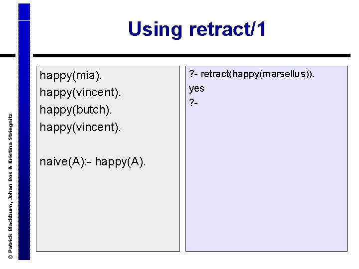 © Patrick Blackburn, Johan Bos & Kristina Striegnitz Using retract/1 happy(mia). happy(vincent). happy(butch). happy(vincent).