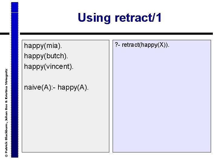 © Patrick Blackburn, Johan Bos & Kristina Striegnitz Using retract/1 happy(mia). happy(butch). happy(vincent). naive(A):