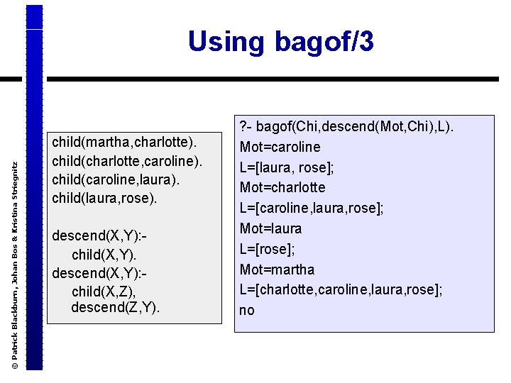 © Patrick Blackburn, Johan Bos & Kristina Striegnitz Using bagof/3 child(martha, charlotte). child(charlotte, caroline).