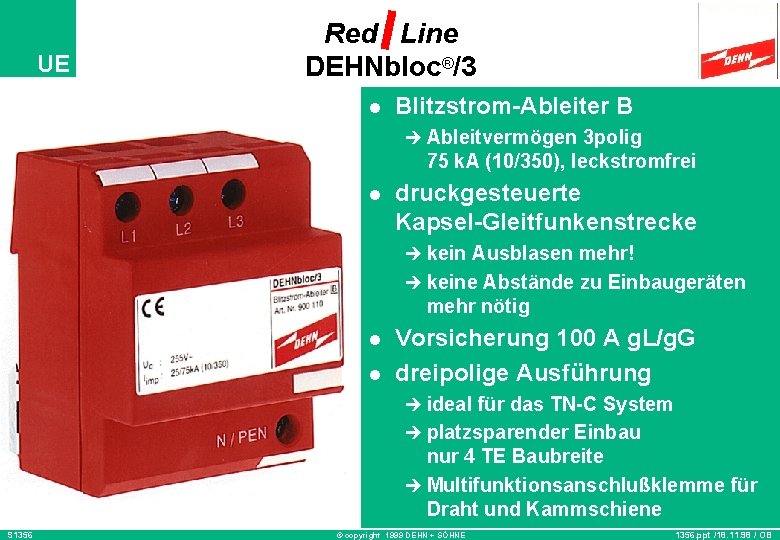 Red Line DEHNbloc®/3 UE l Blitzstrom-Ableiter B è Ableitvermögen 3 polig 75 k. A