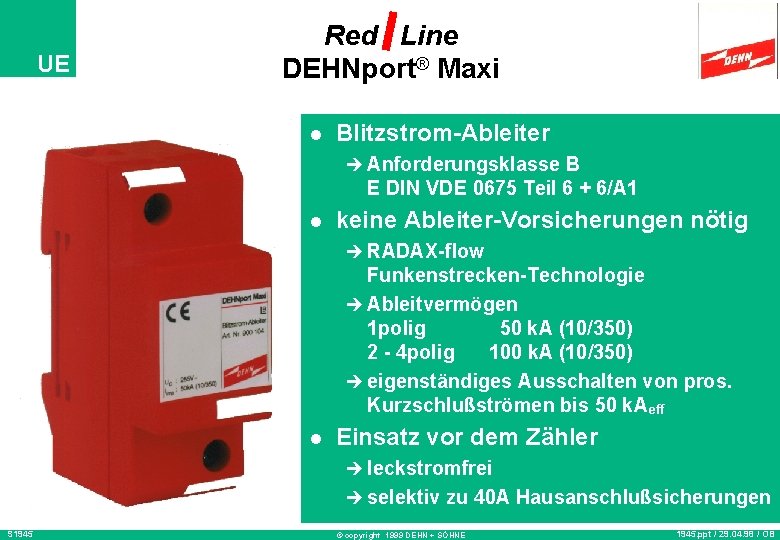 UE Red Line DEHNport® Maxi l Blitzstrom-Ableiter è Anforderungsklasse B E DIN VDE 0675