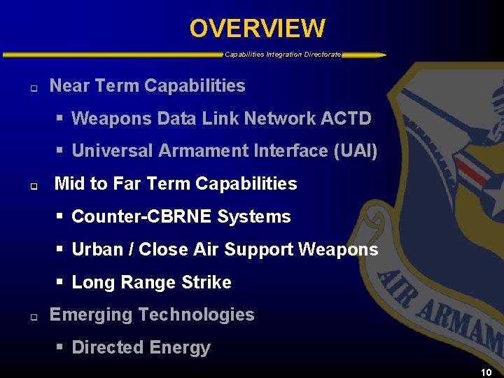 OVERVIEW Capabilities Integration Directorate q Near Term Capabilities § Weapons Data Link Network ACTD