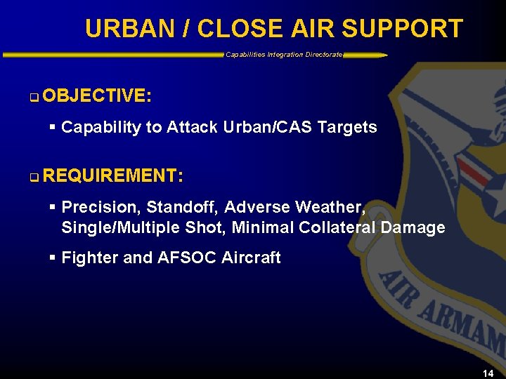 URBAN / CLOSE AIR SUPPORT Capabilities Integration Directorate q OBJECTIVE: § Capability to Attack