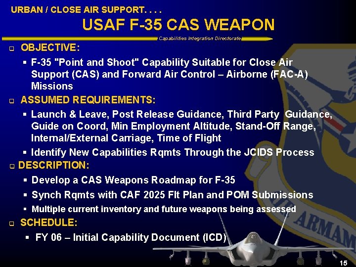 URBAN / CLOSE AIR SUPPORT. . USAF F-35 CAS WEAPON Capabilities Integration Directorate OBJECTIVE: