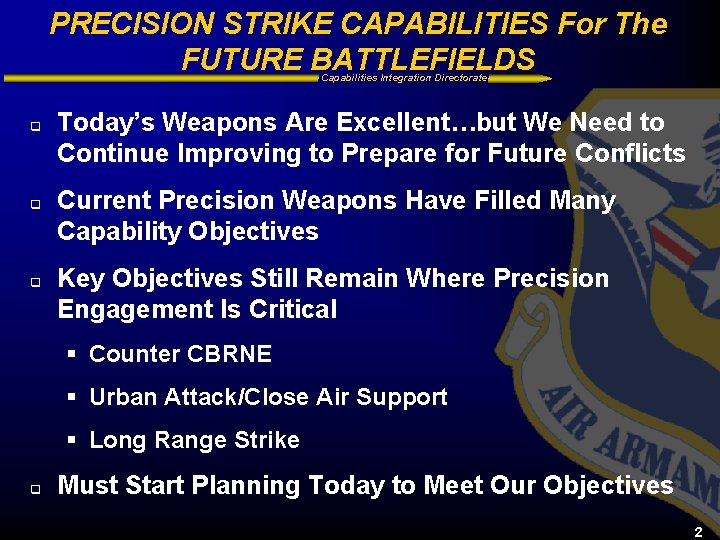 PRECISION STRIKE CAPABILITIES For The FUTURE BATTLEFIELDS Capabilities Integration Directorate q q q Today’s