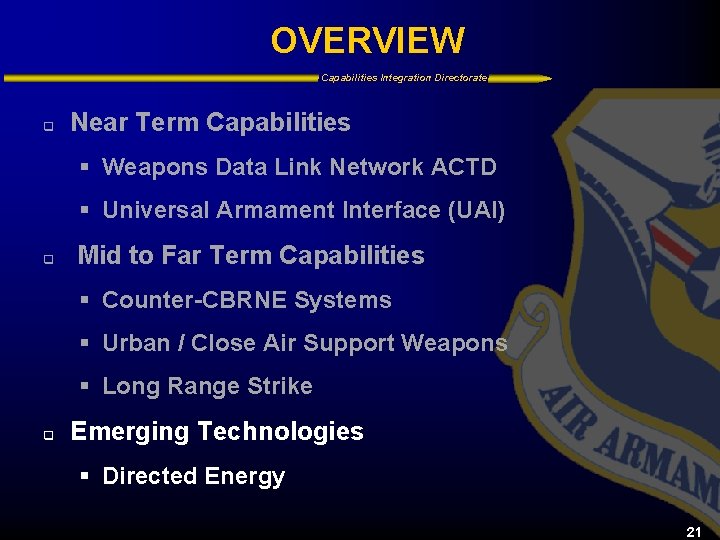 OVERVIEW Capabilities Integration Directorate q Near Term Capabilities § Weapons Data Link Network ACTD