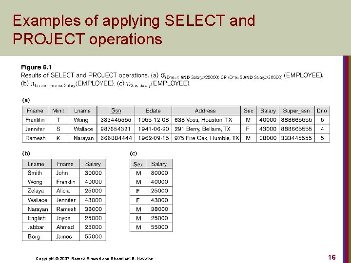 Examples of applying SELECT and PROJECT operations Copyright © 2007 Ramez Elmasri and Shamkant