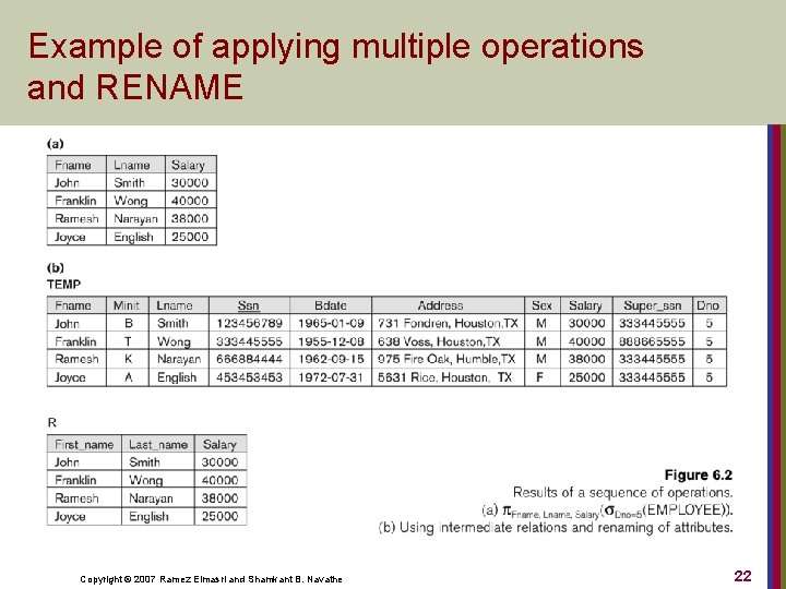 Example of applying multiple operations and RENAME Copyright © 2007 Ramez Elmasri and Shamkant
