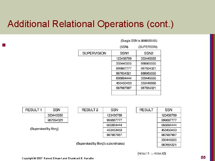 Additional Relational Operations (cont. ) n Copyright © 2007 Ramez Elmasri and Shamkant B.