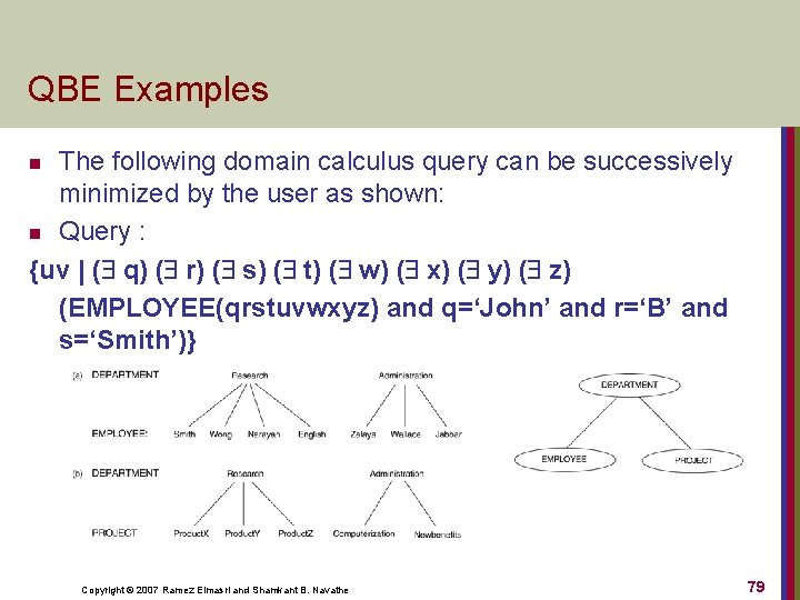 QBE Examples The following domain calculus query can be successively minimized by the user