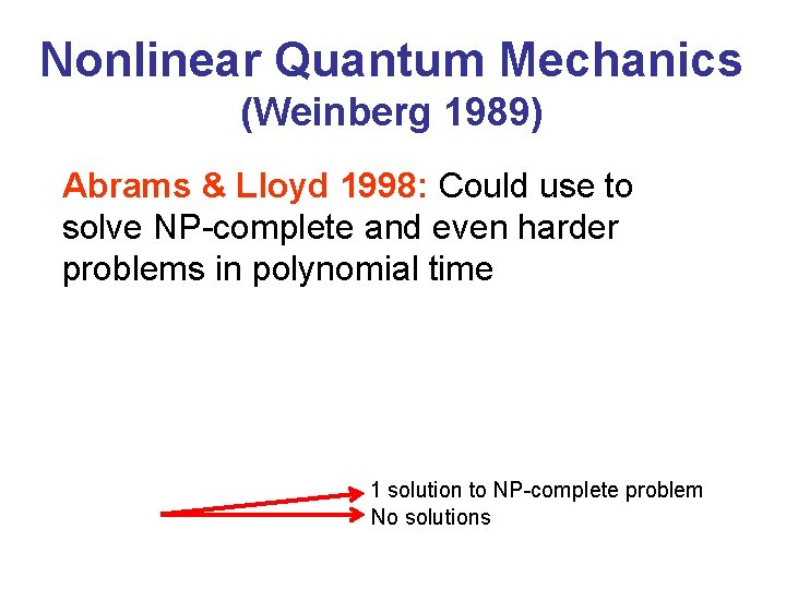 Nonlinear Quantum Mechanics (Weinberg 1989) Abrams & Lloyd 1998: Could use to solve NP-complete
