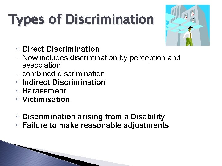 Types of Discrimination Direct Discrimination Now includes discrimination by perception and association combined discrimination