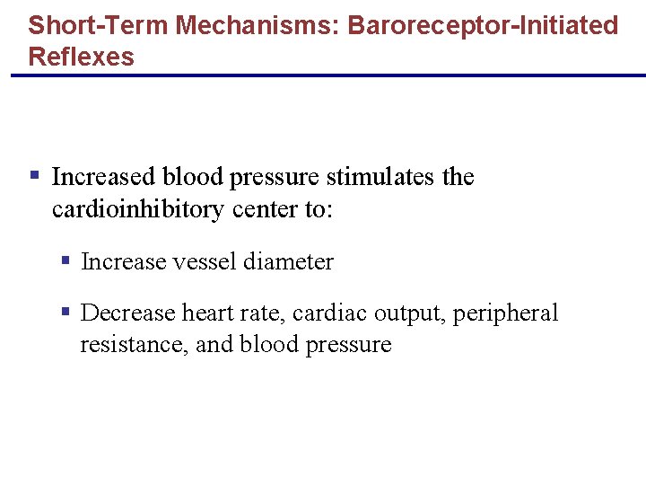 Short-Term Mechanisms: Baroreceptor-Initiated Reflexes § Increased blood pressure stimulates the cardioinhibitory center to: §