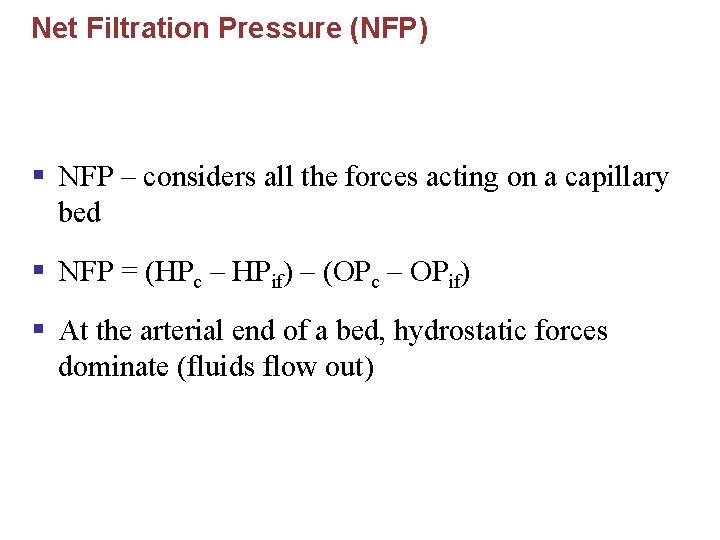 Net Filtration Pressure (NFP) § NFP – considers all the forces acting on a