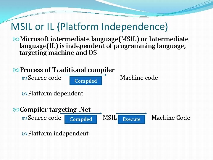 MSIL or IL (Platform Independence) Microsoft intermediate language(MSIL) or Intermediate language(IL) is independent of MSIL or IL (Platform Independence) Microsoft intermediate language(MSIL) or Intermediate language(IL) is independent of