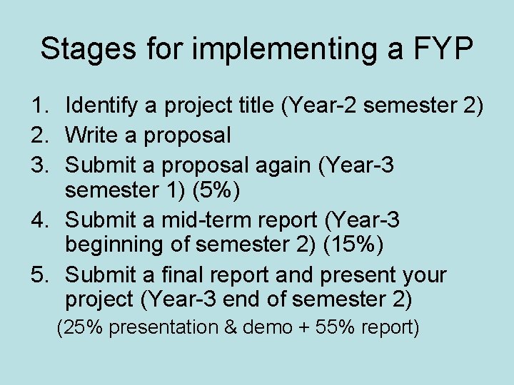 Stages for implementing a FYP 1. Identify a project title (Year-2 semester 2) 2.