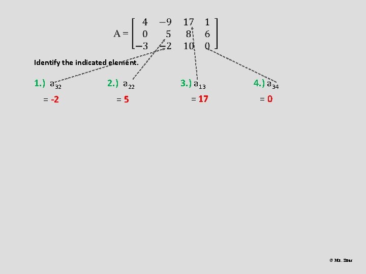 Identify the indicated element. 1. ) a 32 = -2 2. ) a Identify the indicated element. 1. ) a 32 = -2 2. ) a