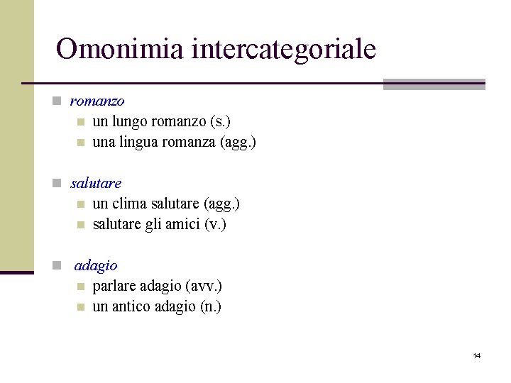 Omonimia intercategoriale n romanzo n n un lungo romanzo (s. ) una lingua romanza