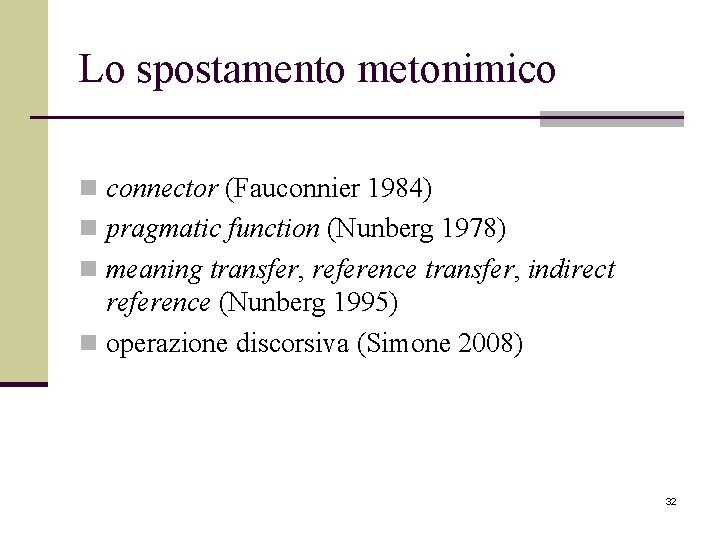 Lo spostamento metonimico n connector (Fauconnier 1984) n pragmatic function (Nunberg 1978) n meaning