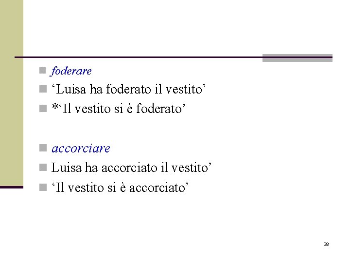 n foderare n ‘Luisa ha foderato il vestito’ n *‘Il vestito si è foderato’