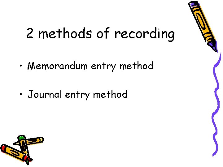 2 methods of recording • Memorandum entry method • Journal entry method 