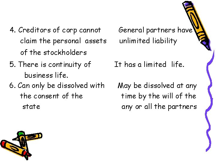 4. Creditors of corp cannot claim the personal assets General partners have unlimited liability