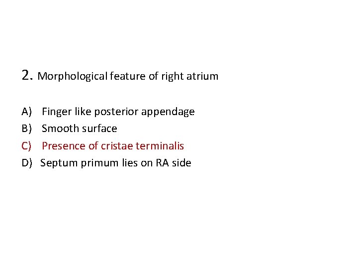 2. Morphological feature of right atrium A) B) C) D) Finger like posterior appendage