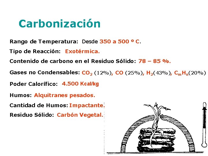 Carbonización Rango de Temperatura: Desde 350 a 500 º C. Tipo de Reacción: Exotérmica.