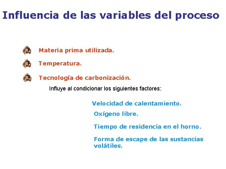 Influencia de las variables del proceso Materia prima utilizada. Temperatura. Tecnología de carbonización. Influye