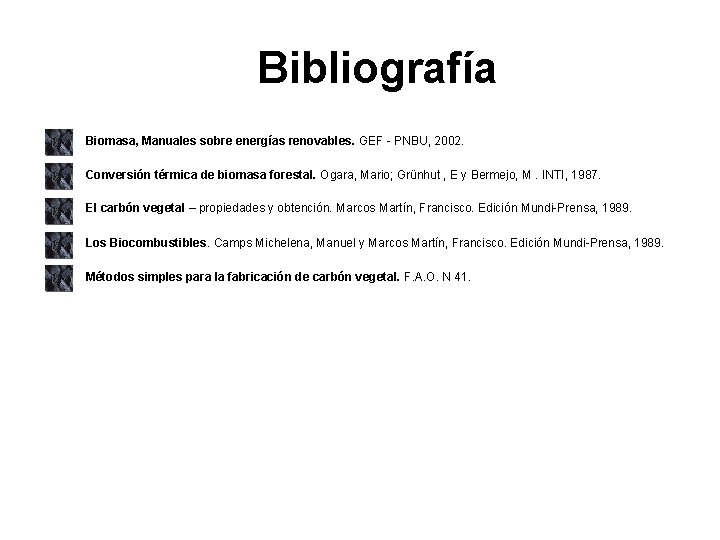 Bibliografía Biomasa, Manuales sobre energías renovables. GEF - PNBU, 2002. Conversión térmica de biomasa