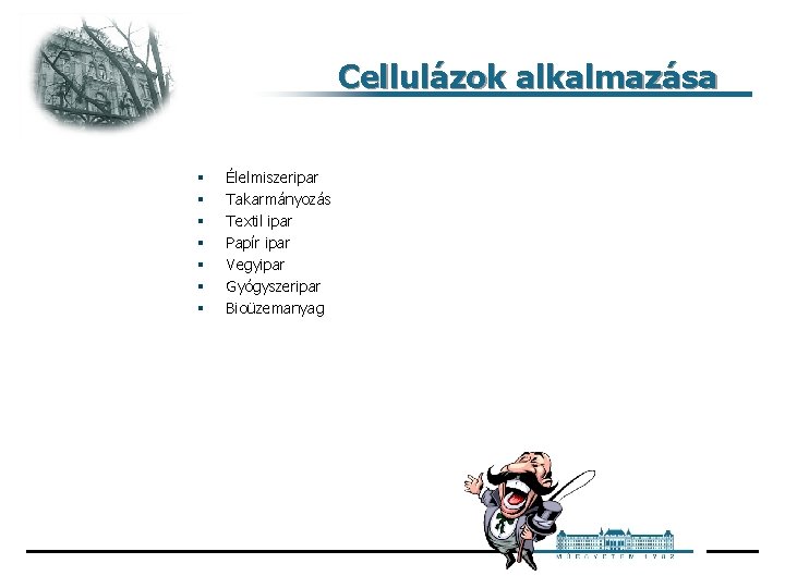 Cellulázok alkalmazása § § § § Élelmiszeripar Takarmányozás Textil ipar Papír ipar Vegyipar Gyógyszeripar Cellulázok alkalmazása § § § § Élelmiszeripar Takarmányozás Textil ipar Papír ipar Vegyipar Gyógyszeripar