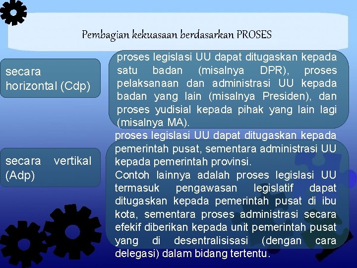 Pembagian kekuasaan berdasarkan PROSES secara horizontal (Cdp) secara (Adp) vertikal proses legislasi UU dapat