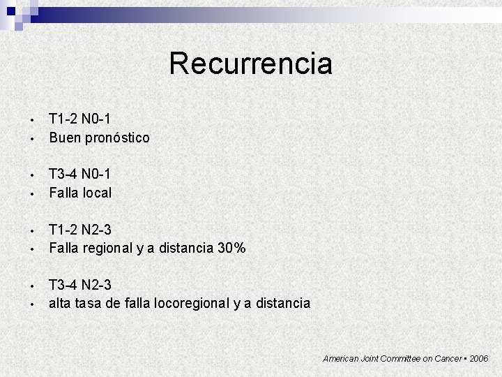 Recurrencia • • T 1 -2 N 0 -1 Buen pronóstico T 3 -4