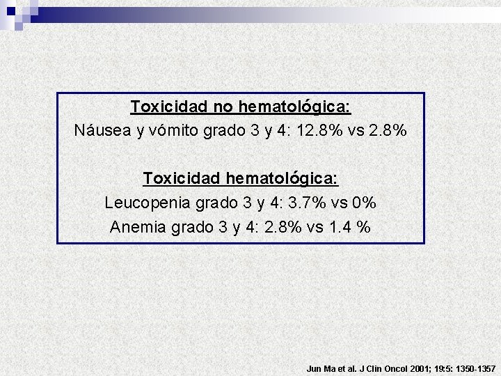 Toxicidad no hematológica: Náusea y vómito grado 3 y 4: 12. 8% vs 2.