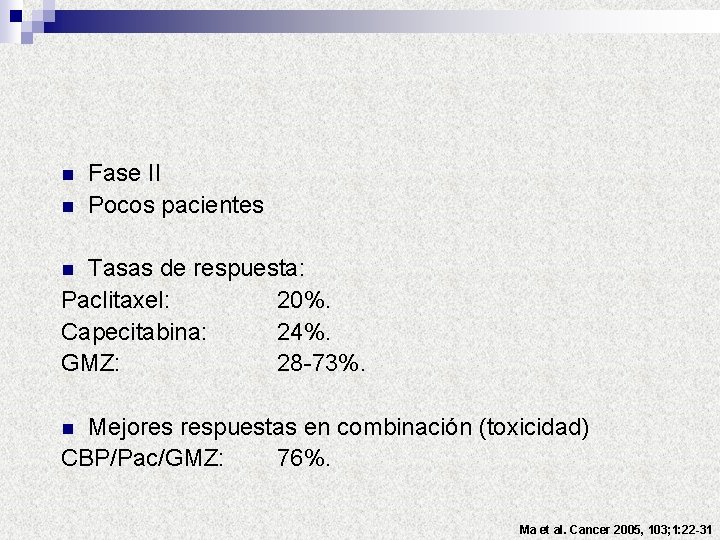 n n Fase II Pocos pacientes Tasas de respuesta: Paclitaxel: 20%. Capecitabina: 24%. GMZ: