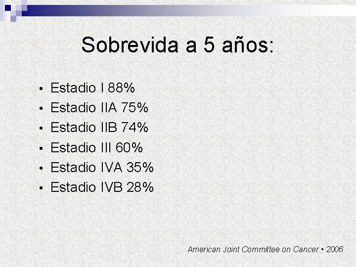 Sobrevida a 5 años: • • • Estadio I 88% Estadio IIA 75% Estadio